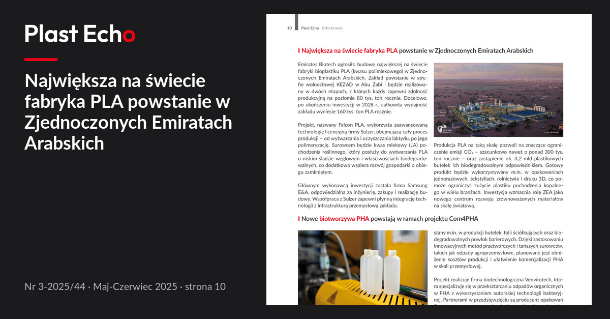 Największa na świecie fabryka PLA powstanie w Zjednoczonych Emiratach Arabskich | Plast Echo 3-2025/44, Maj-Czerwiec 2025, s. 10