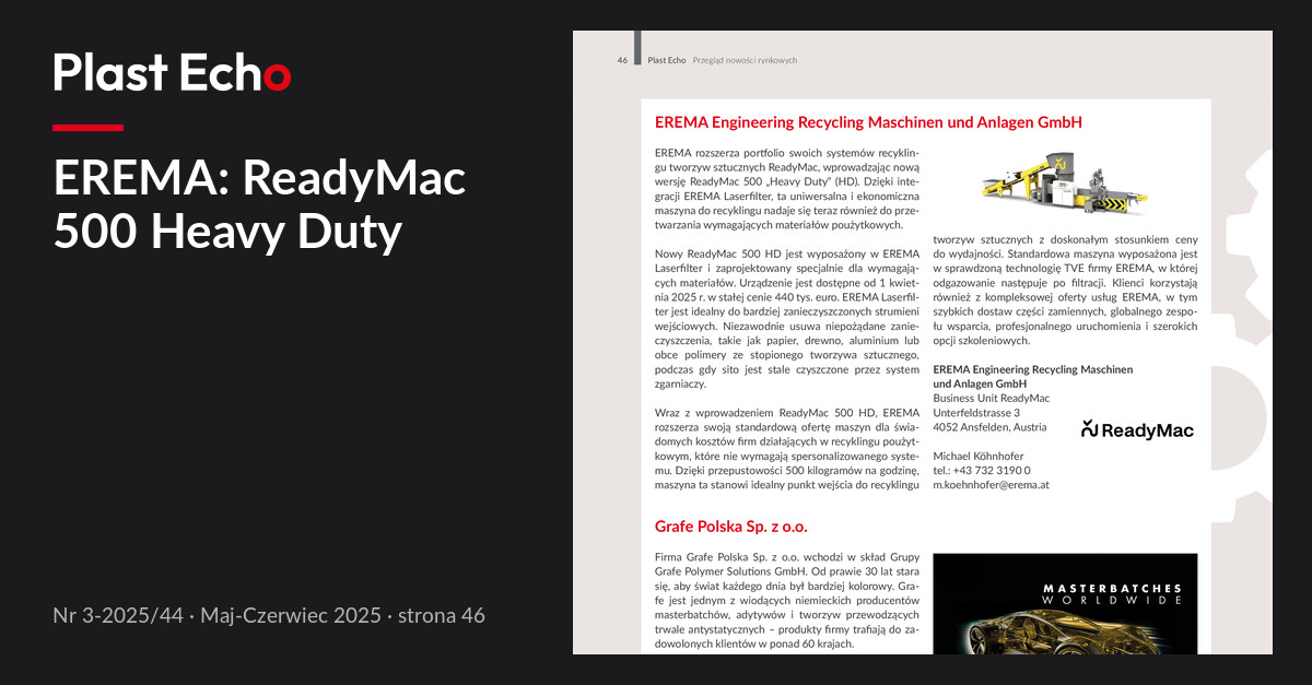 EREMA: ReadyMac 500 Heavy Duty | Plast Echo 3-2025/44, Maj-Czerwiec 2025, s. 46