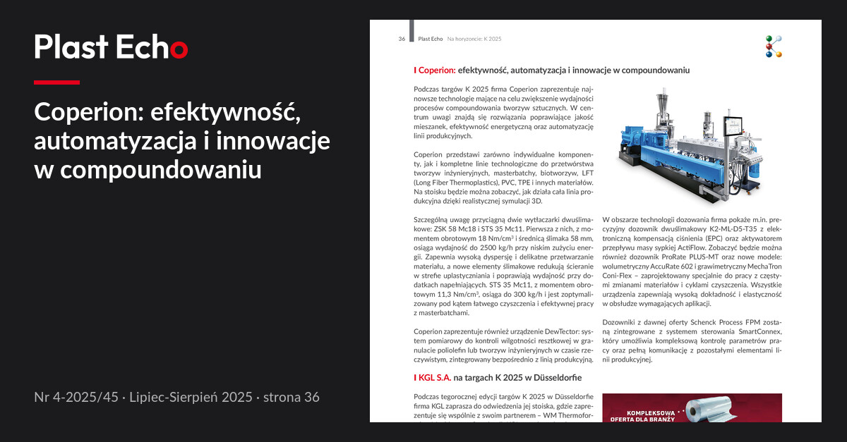 Coperion: efektywność, automatyzacja i innowacje w compoundowaniu | Plast Echo 4-2025/45, Lipiec-Sierpień 2025, s. 36