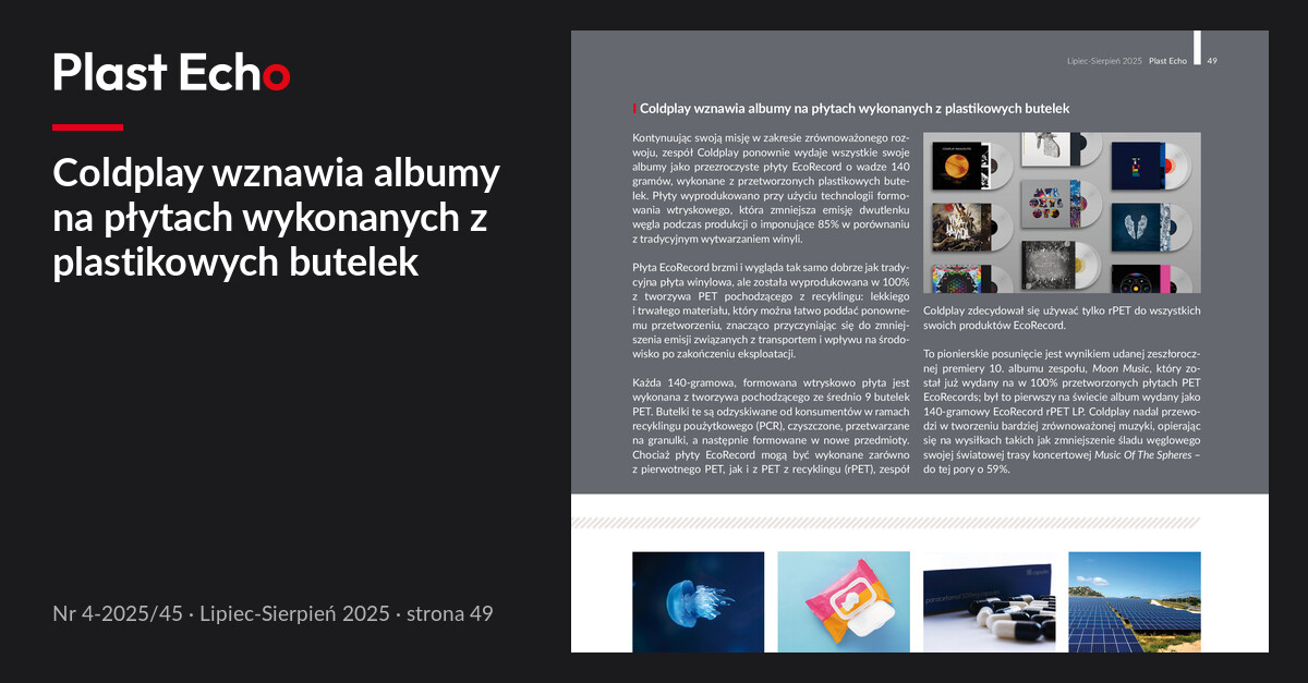 Coldplay wznawia albumy na płytach wykonanych z plastikowych butelek | Plast Echo 4-2025/45, Lipiec-Sierpień 2025, s. 49