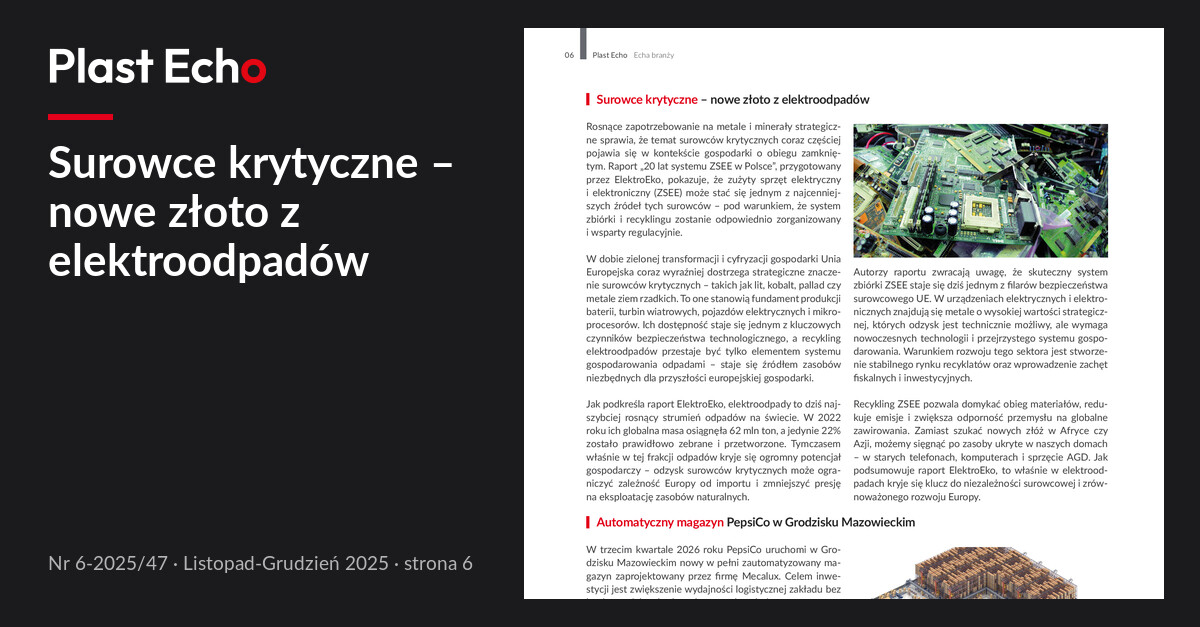 Surowce krytyczne – nowe złoto z elektroodpadów | Plast Echo 6-2025/47, Listopad-Grudzień 2025, s. 6