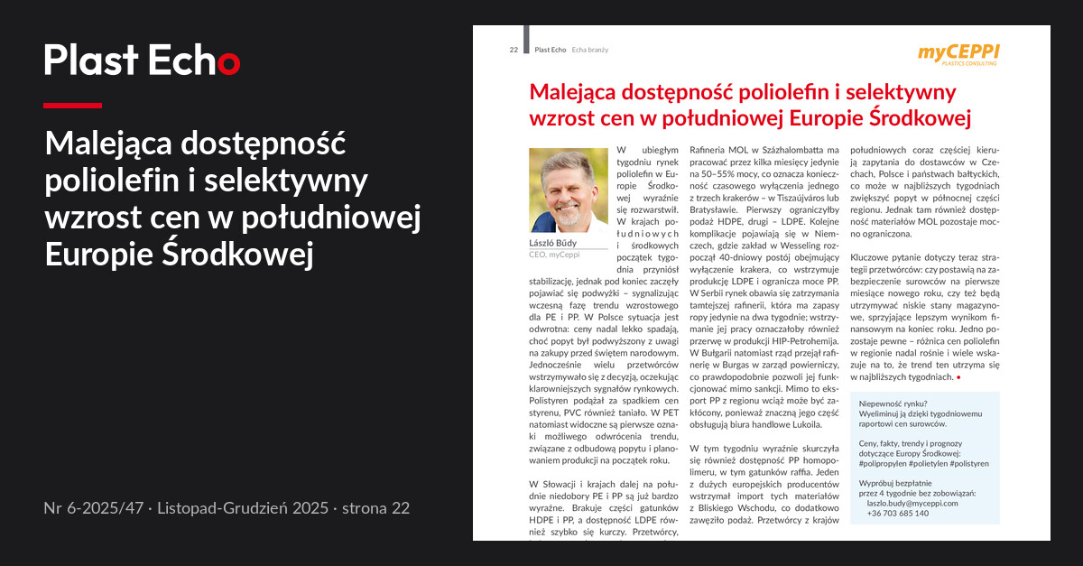 Malejąca dostępność poliolefin i selektywny wzrost cen w południowej Europie Środkowej | Plast Echo 6-2025/47, Listopad-Grudzień 2025, s. 22