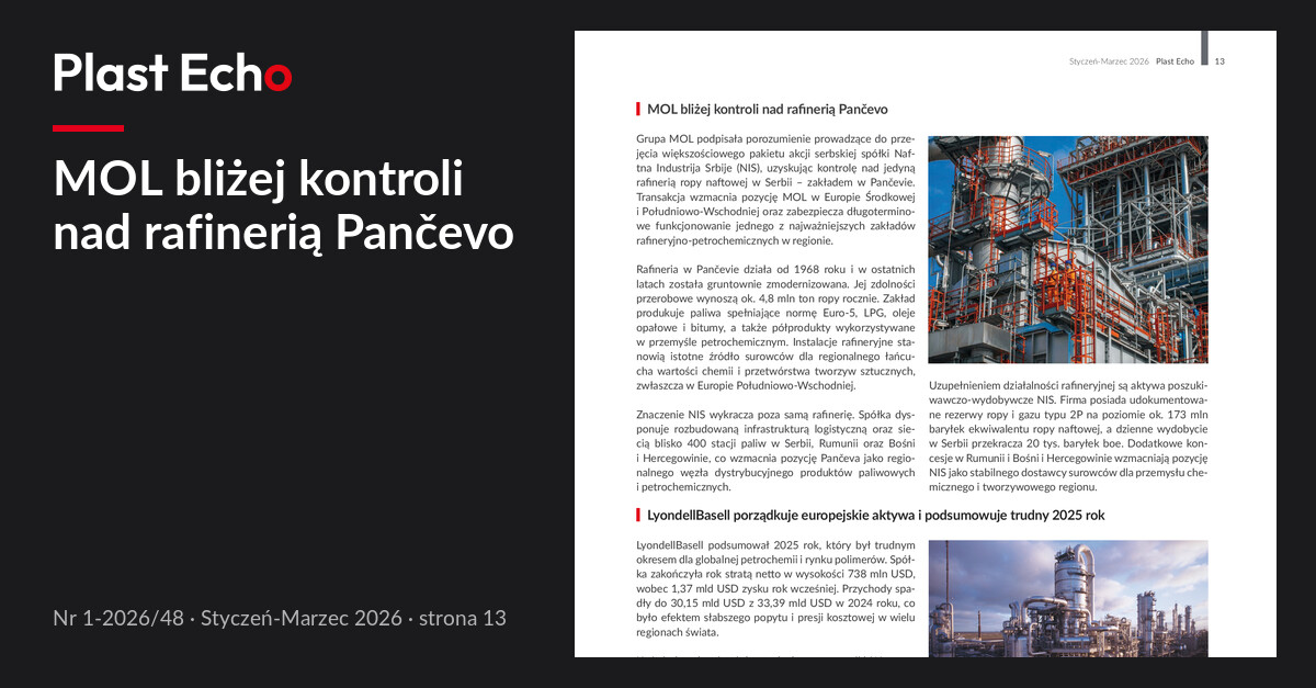 MOL bliżej kontroli nad rafinerią Pančevo | Plast Echo 1-2026/48, Styczeń-Marzec 2026, s. 13