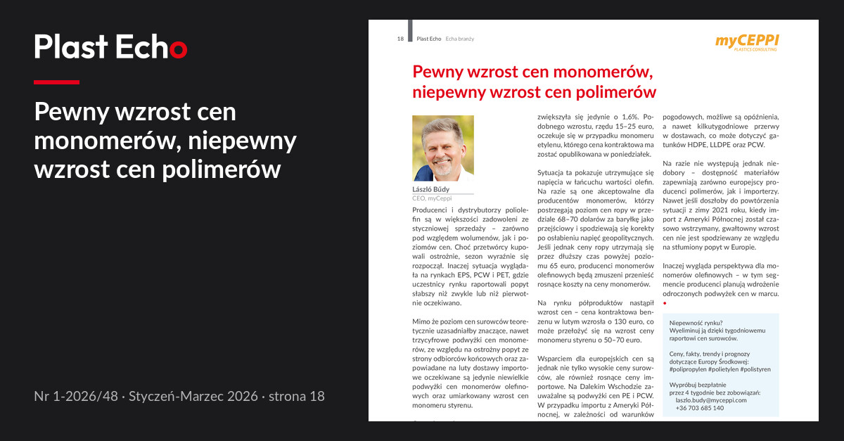 Pewny wzrost cen monomerów, niepewny wzrost cen polimerów | Plast Echo 1-2026/48, Styczeń-Marzec 2026, s. 18