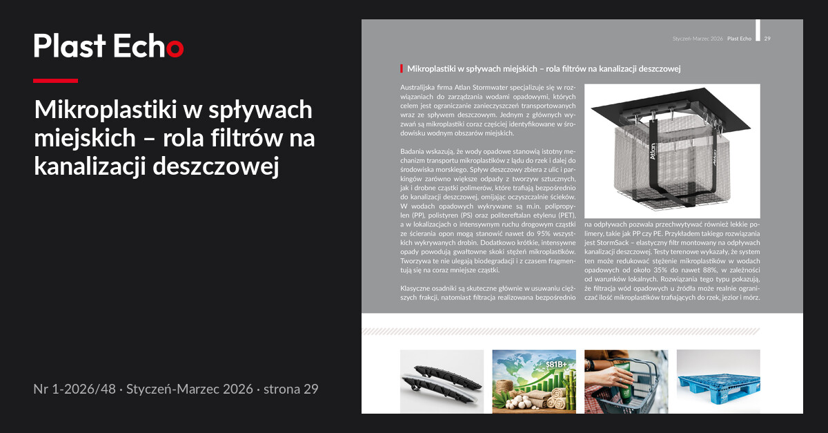 Mikroplastiki w spływach miejskich – rola filtrów na kanalizacji deszczowej | Plast Echo 1-2026/48, Styczeń-Marzec 2026, s. 29