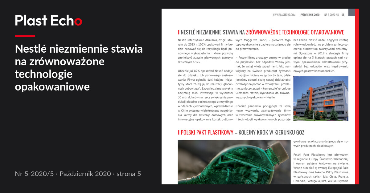 Nestlé niezmiennie stawia na zrównoważone technologie opakowaniowe | Plast Echo 5-2020/5, Październik 2020, s. 5