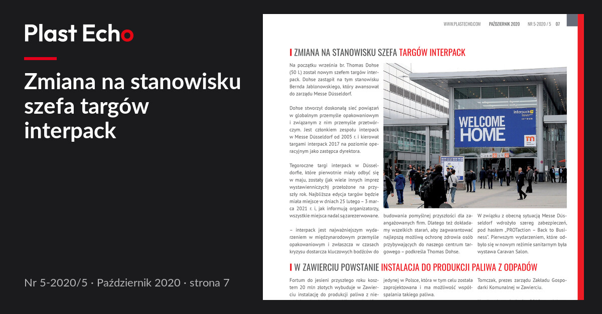 Zmiana na stanowisku szefa targów interpack | Plast Echo 5-2020/5, Październik 2020, s. 7