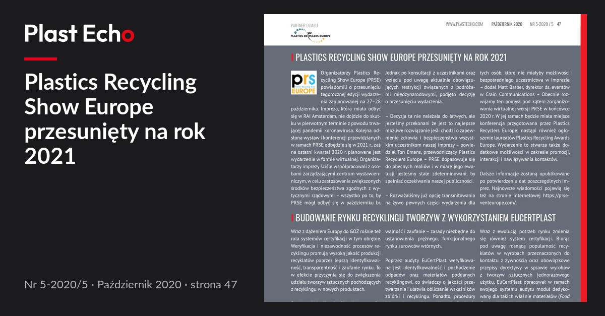 Plastics Recycling Show Europe przesunięty na rok 2021 | Plast Echo 5-2020/5, Październik 2020, s. 47