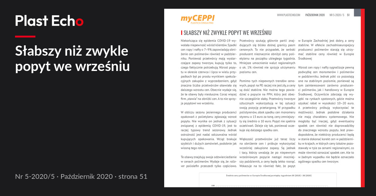 Słabszy niż zwykle popyt we wrześniu | Plast Echo 5-2020/5, Październik 2020, s. 51