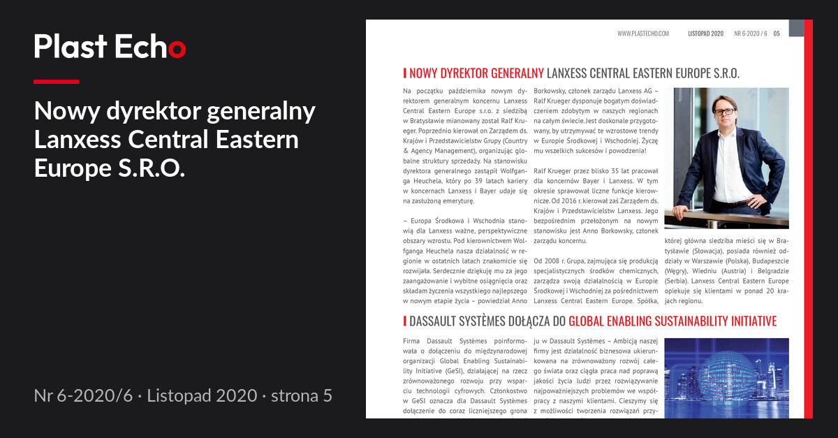 Nowy dyrektor generalny Lanxess Central Eastern Europe S.R.O. | Plast Echo 6-2020/6, Listopad 2020, s. 5