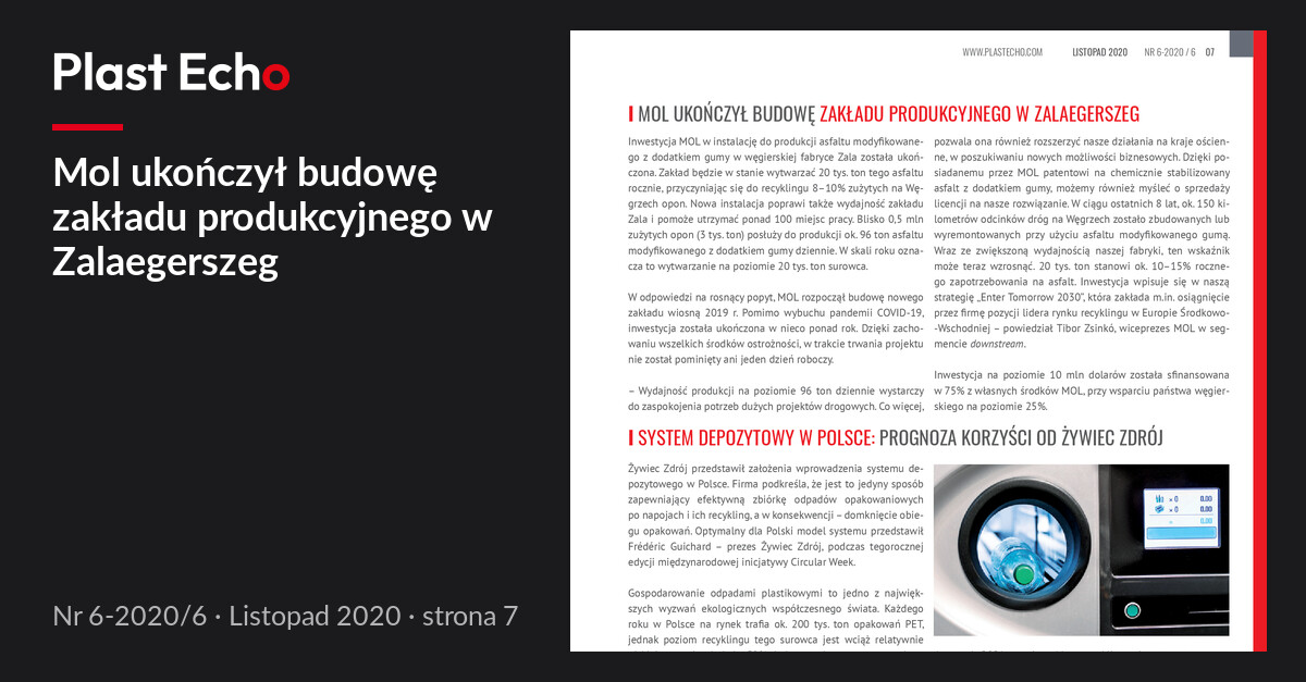 Mol ukończył budowę zakładu produkcyjnego w Zalaegerszeg | Plast Echo 6-2020/6, Listopad 2020, s. 7