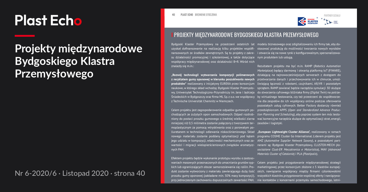 Projekty międzynarodowe Bydgoskiego Klastra Przemysłowego | Plast Echo 6-2020/6, Listopad 2020, s. 40
