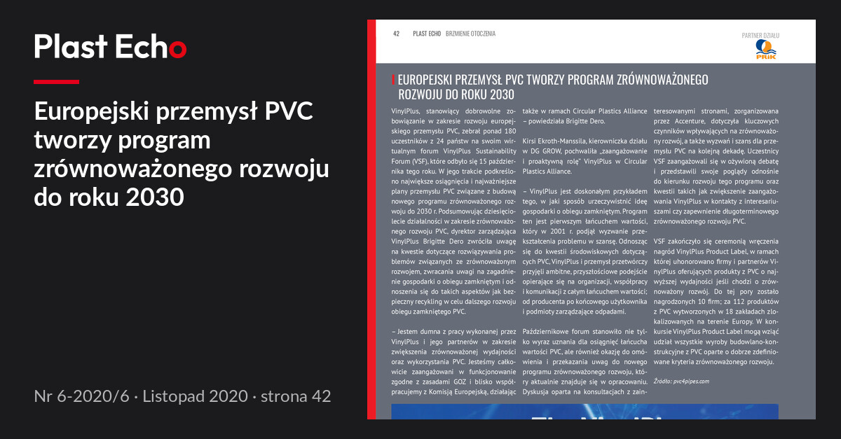 Europejski przemysł PVC tworzy program zrównoważonego rozwoju do roku 2030 | Plast Echo 6-2020/6, Listopad 2020, s. 42