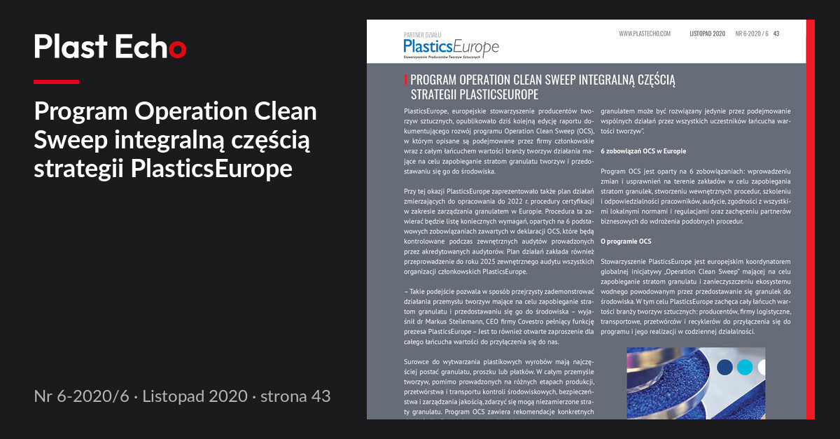 Program Operation Clean Sweep integralną częścią strategii PlasticsEurope | Plast Echo 6-2020/6, Listopad 2020, s. 43