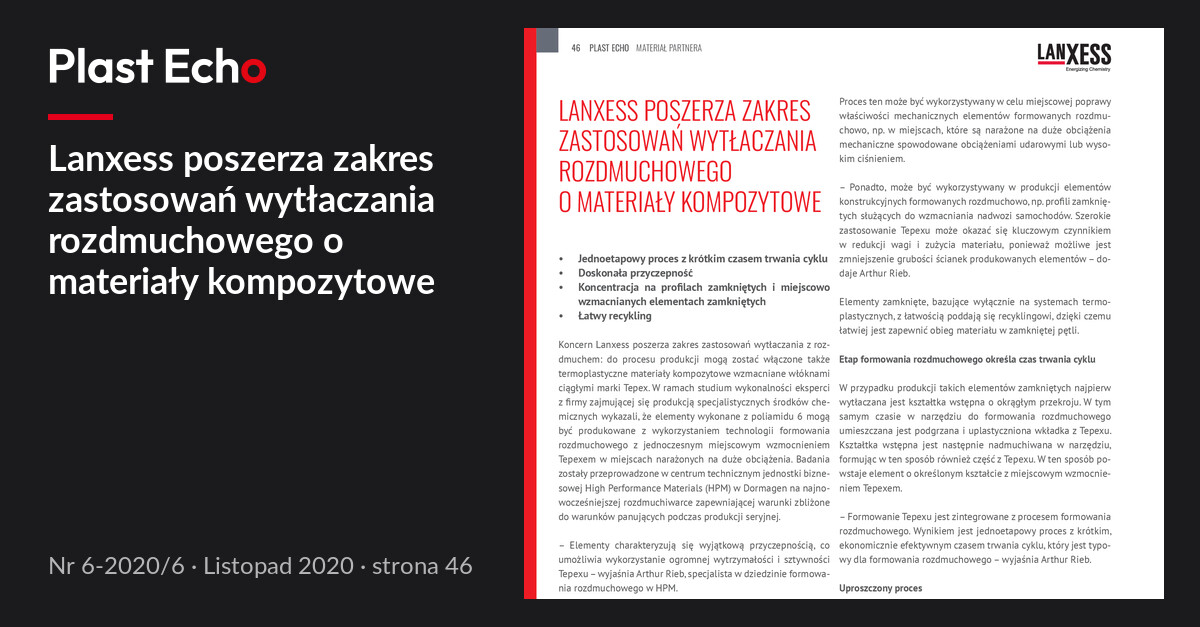 Lanxess poszerza zakres zastosowań wytłaczania rozdmuchowego o materiały kompozytowe | Plast Echo 6-2020/6, Listopad 2020, s. 46