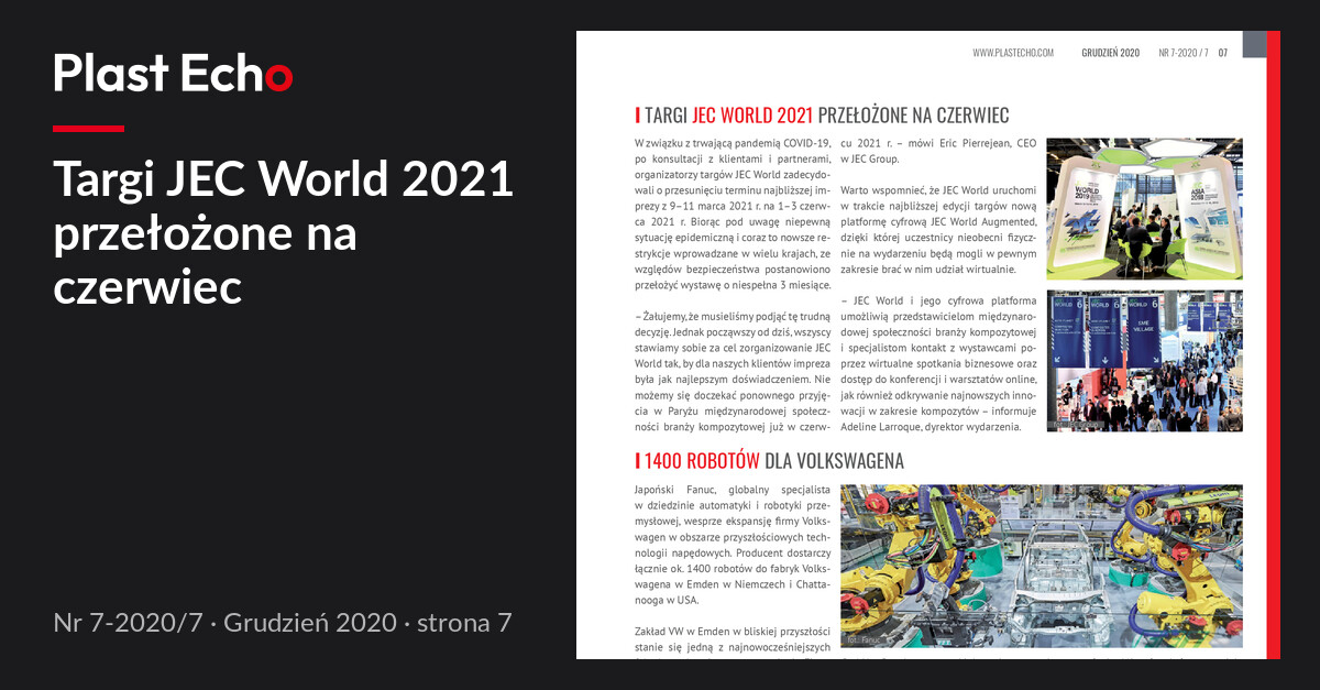 Targi JEC World 2021 przełożone na czerwiec | Plast Echo 7-2020/7, Grudzień 2020, s. 7