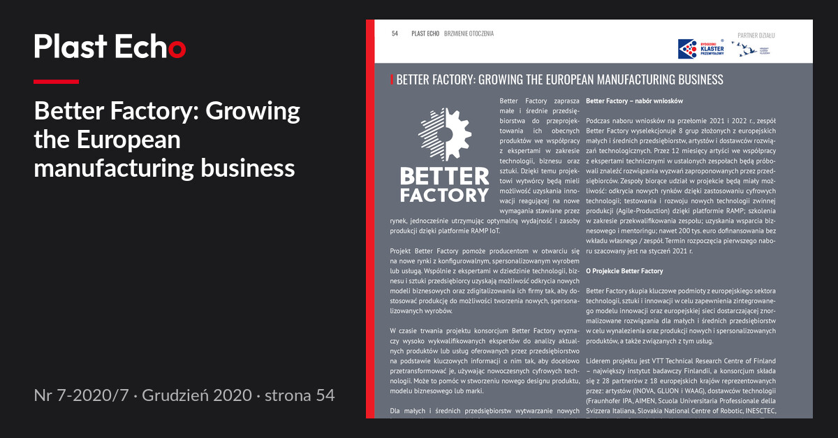 Better Factory: Growing the European manufacturing business | Plast Echo 7-2020/7, Grudzień 2020, s. 54