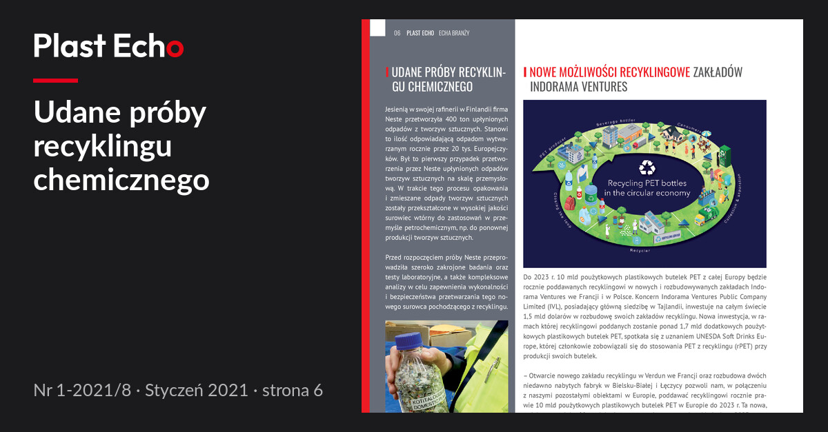 Udane próby recyklingu chemicznego | Plast Echo 1-2021/8, Styczeń 2021, s. 6