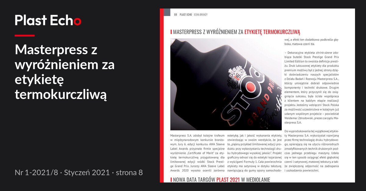Masterpress z wyróżnieniem za etykietę termokurczliwą | Plast Echo 1-2021/8, Styczeń 2021, s. 8