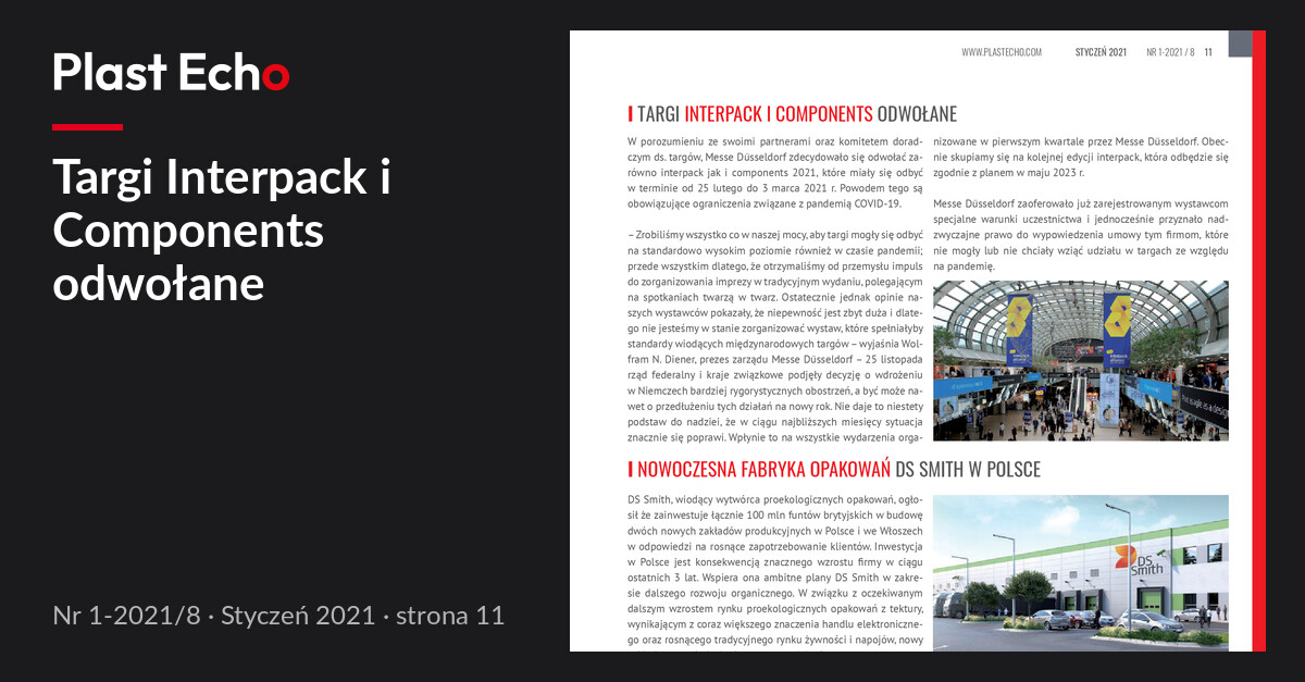 Targi Interpack i Components odwołane | Plast Echo 1-2021/8, Styczeń 2021, s. 11