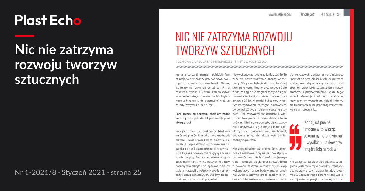Nic nie zatrzyma rozwoju tworzyw sztucznych | Plast Echo 1-2021/8, Styczeń 2021, s. 25