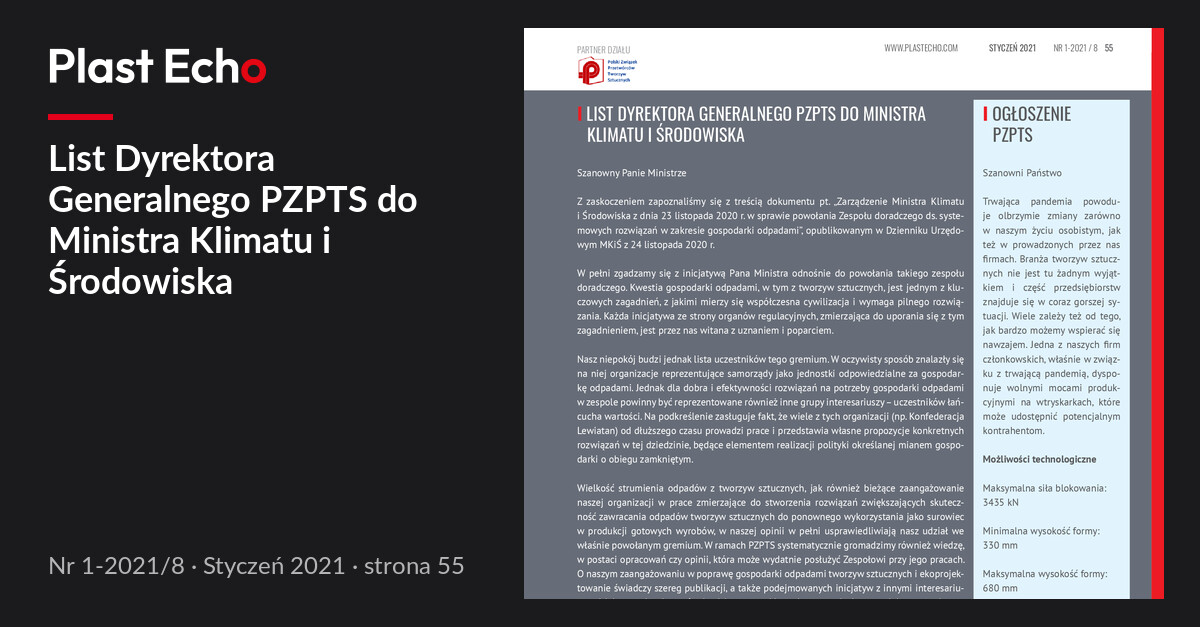 List Dyrektora Generalnego PZPTS do Ministra Klimatu i Środowiska | Plast Echo 1-2021/8, Styczeń 2021, s. 55