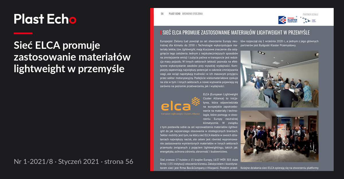 Sieć ELCA promuje zastosowanie materiałów lightweight w przemyśle | Plast Echo 1-2021/8, Styczeń 2021, s. 56