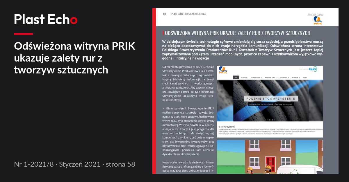 Odświeżona witryna PRIK ukazuje zalety rur z tworzyw sztucznych | Plast Echo 1-2021/8, Styczeń 2021, s. 58