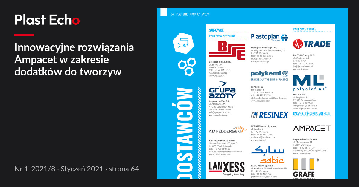 Innowacyjne rozwiązania Ampacet w zakresie dodatków do tworzyw | Plast Echo 1-2021/8, Styczeń 2021, s. 64