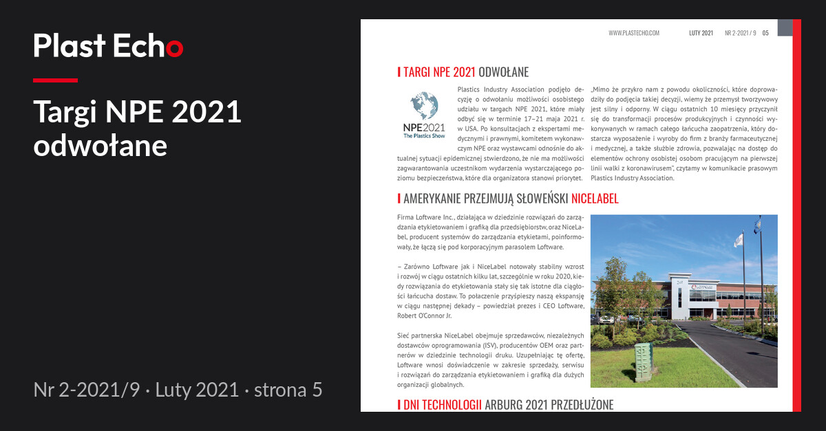 Targi NPE 2021 odwołane | Plast Echo 2-2021/9, Luty 2021, s. 5
