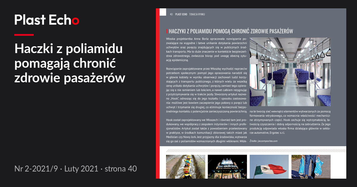 Haczki z poliamidu pomagają chronić zdrowie pasażerów | Plast Echo 2-2021/9, Luty 2021, s. 40