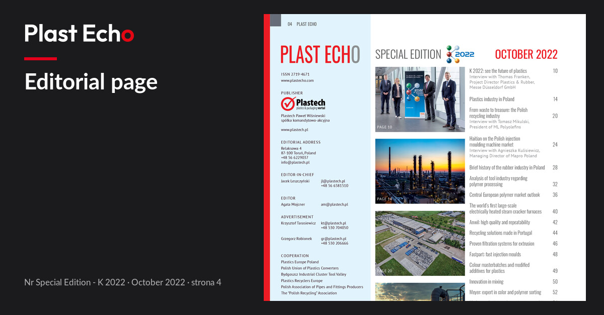 Editorial page | Plast Echo Special Edition - K 2022, October 2022, s. 4