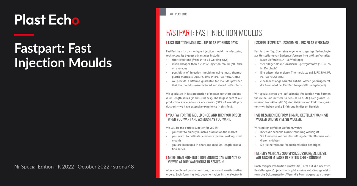 Fastpart: Fast Injection Moulds | Plast Echo Special Edition - K 2022, October 2022, s. 48