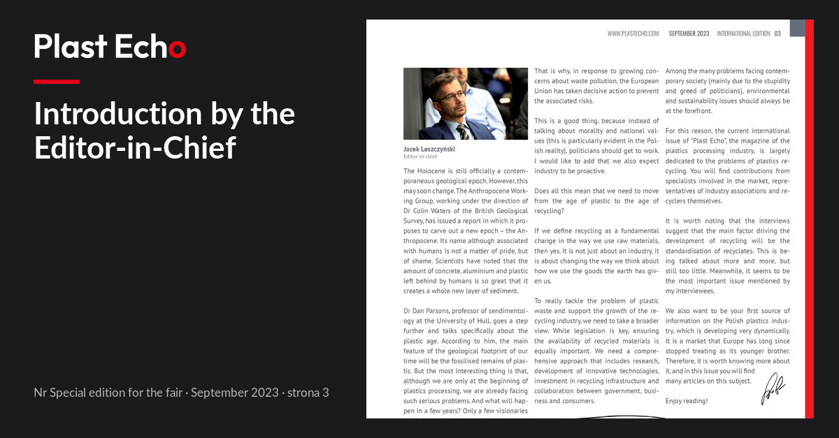 Introduction by the Editor-in-Chief | Plast Echo Special edition for the fair, September 2023, s. 3