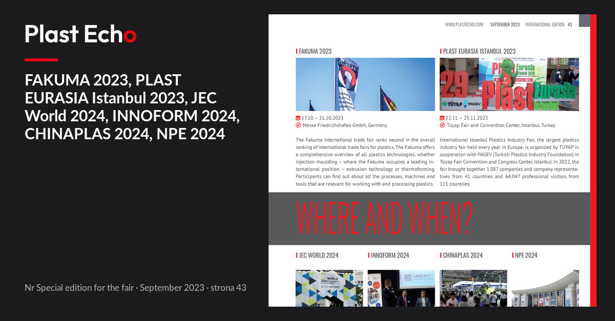 FAKUMA 2023, PLAST EURASIA Istanbul 2023, JEC World 2024, INNOFORM 2024, CHINAPLAS 2024, NPE 2024 | Plast Echo Special edition for the fair, September 2023, s. 43