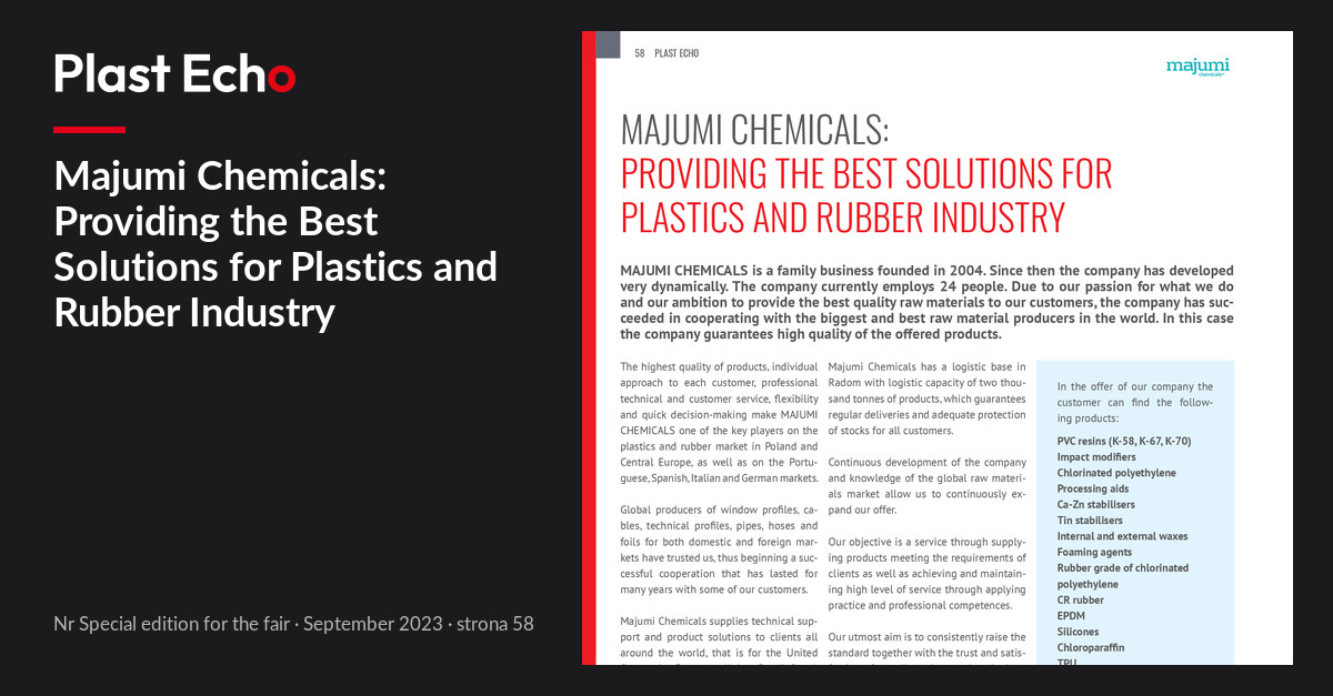Majumi Chemicals: Providing the Best Solutions for Plastics and Rubber Industry | Plast Echo Special edition for the fair, September 2023, s. 58