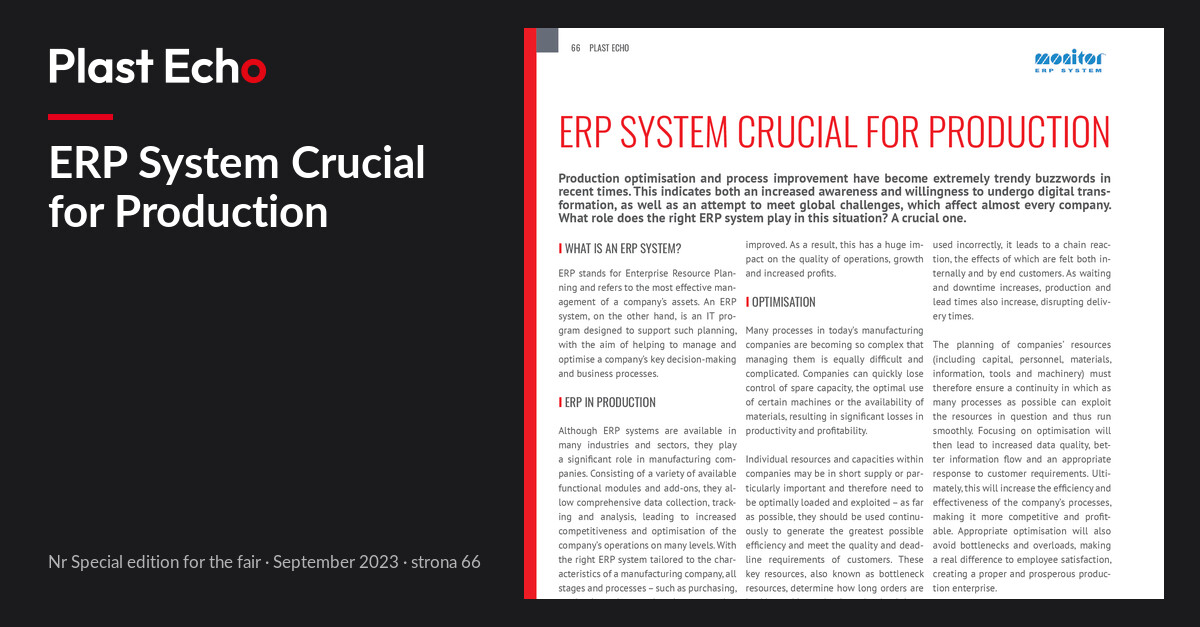 ERP System Crucial for Production | Plast Echo Special edition for the fair, September 2023, s. 66