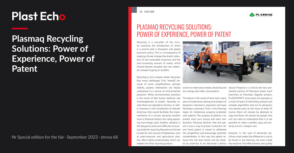Plasmaq Recycling Solutions: Power of Experience, Power of Patent | Plast Echo Special edition for the fair, September 2023, s. 68