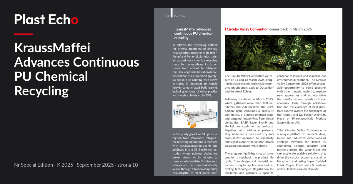 KraussMaffei Advances Continuous PU Chemical Recycling | Plast Echo Special Edition - K 2025, September 2025, p. 10
