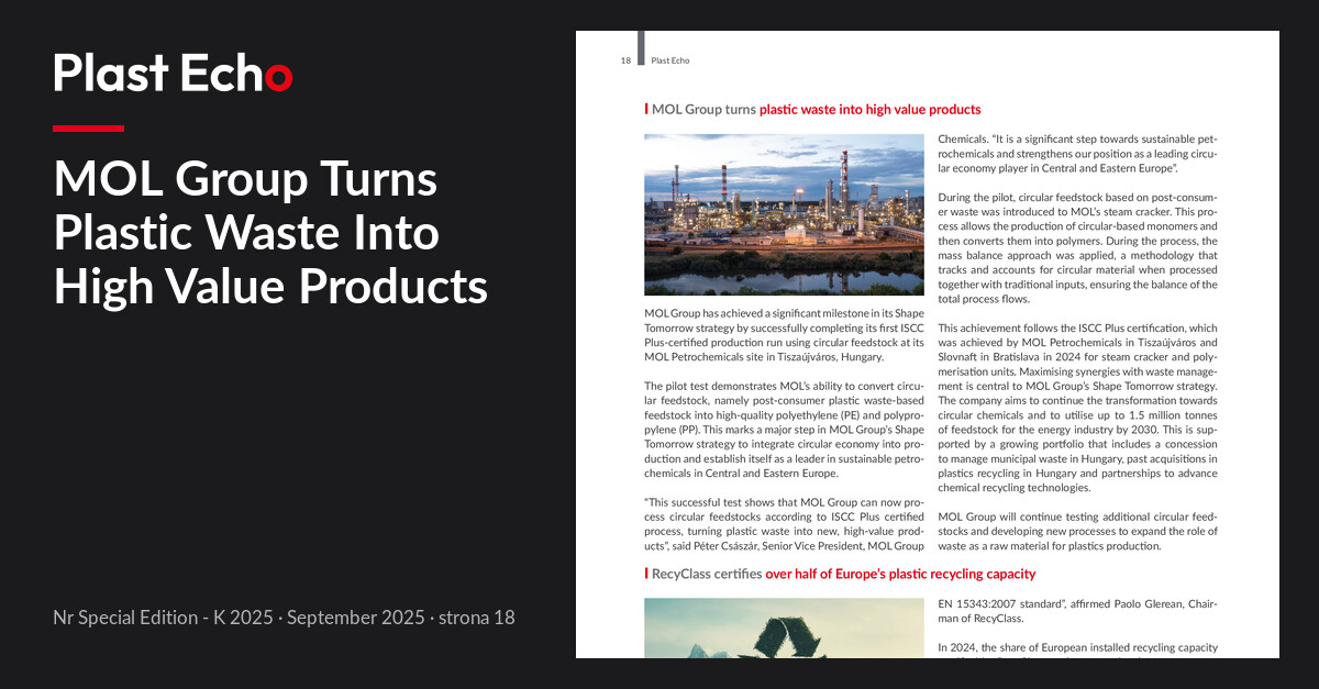 MOL Group Turns Plastic Waste Into High Value Products | Plast Echo Special Edition - K 2025, September 2025, p. 18