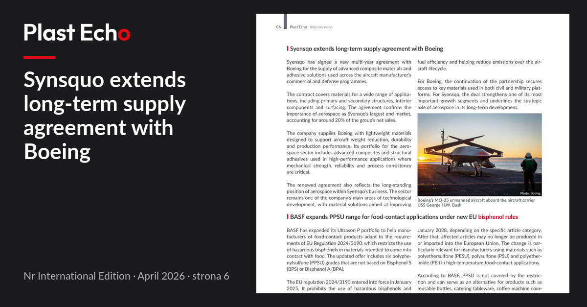 Synsquo extends long-term supply agreement with Boeing | Plast Echo International Edition, April 2026, p. 6