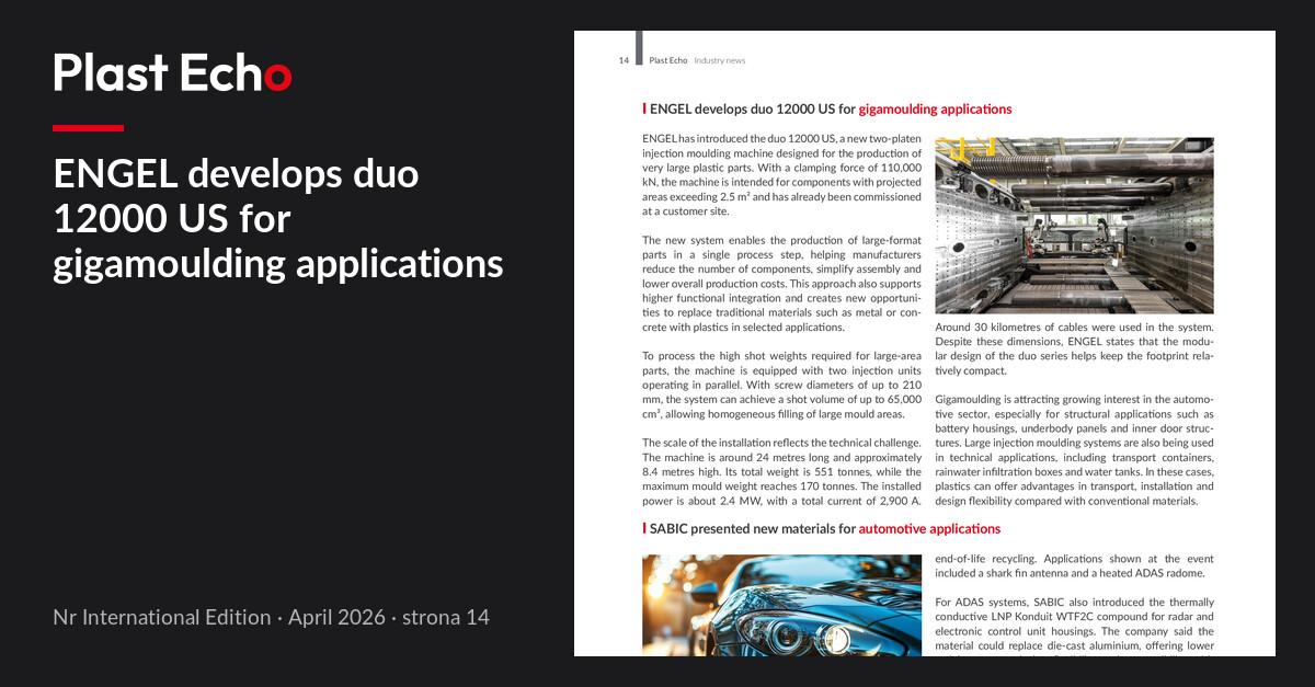 ENGEL develops duo 12000 US for gigamoulding applications | Plast Echo International Edition, April 2026, p. 14
