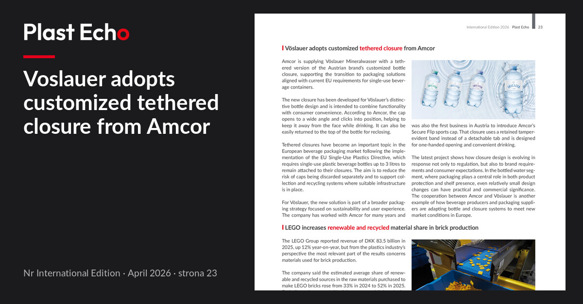 Voslauer adopts customized tethered closure from Amcor | Plast Echo International Edition, April 2026, p. 23