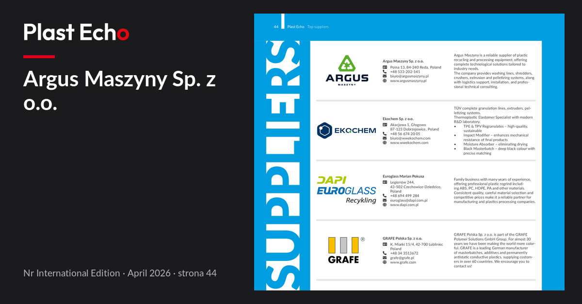 Argus Maszyny Sp. z o.o. | Plast Echo International Edition, April 2026, p. 44