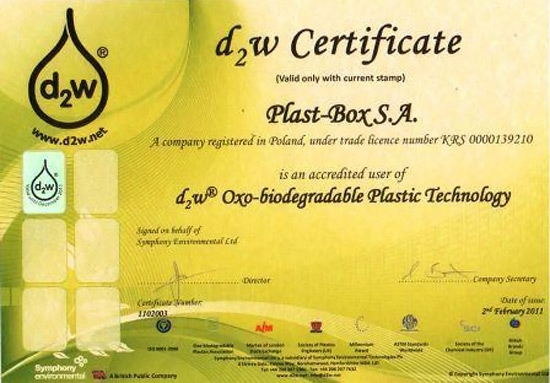 d2w technology certificate for Plast-Box products 