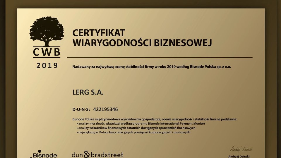 Certyfikat Wiarygodności Biznesowej dla firmy Lerg
