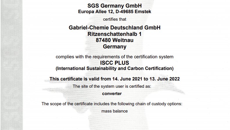 ISCC Plus Certification for Gabriel-Chemie Germany