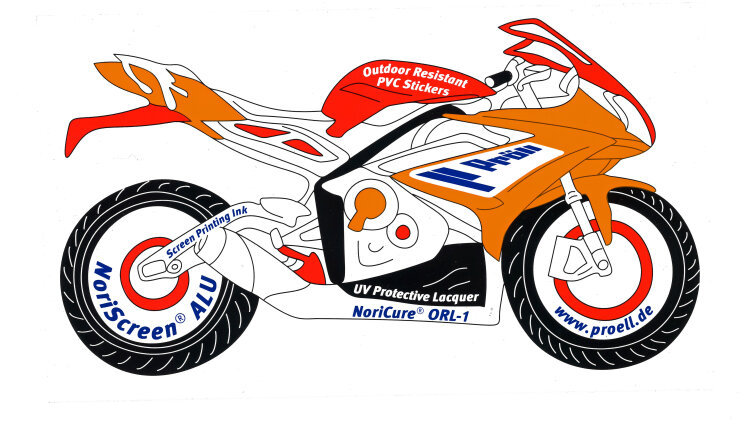 Outdoor-resistant PVC sticker printed with NoriScreen ALU screen printing inks and protected with NoriCure ORL-1/001.