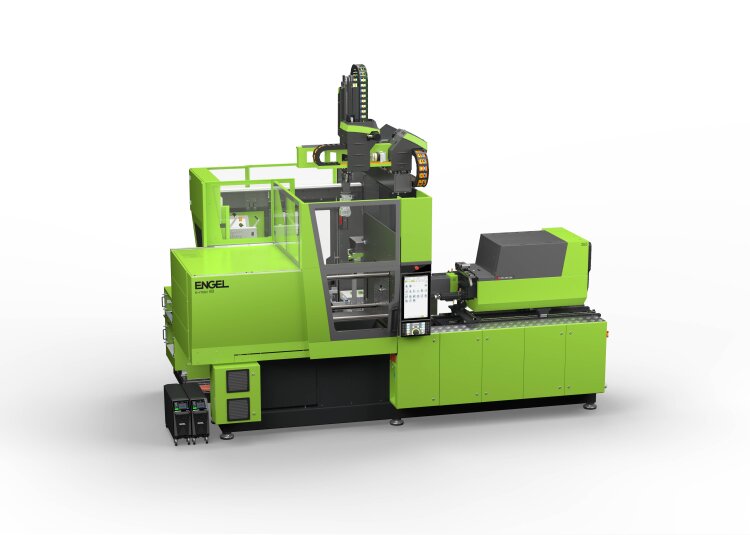 Quality control with reduced material and energy consumption: ENGEL’s compact autonomous injection moulding cell featuring an all-electric e-mac 80 injection moulding machine, ENGEL compact cell automation and inline quality monitoring at its core.