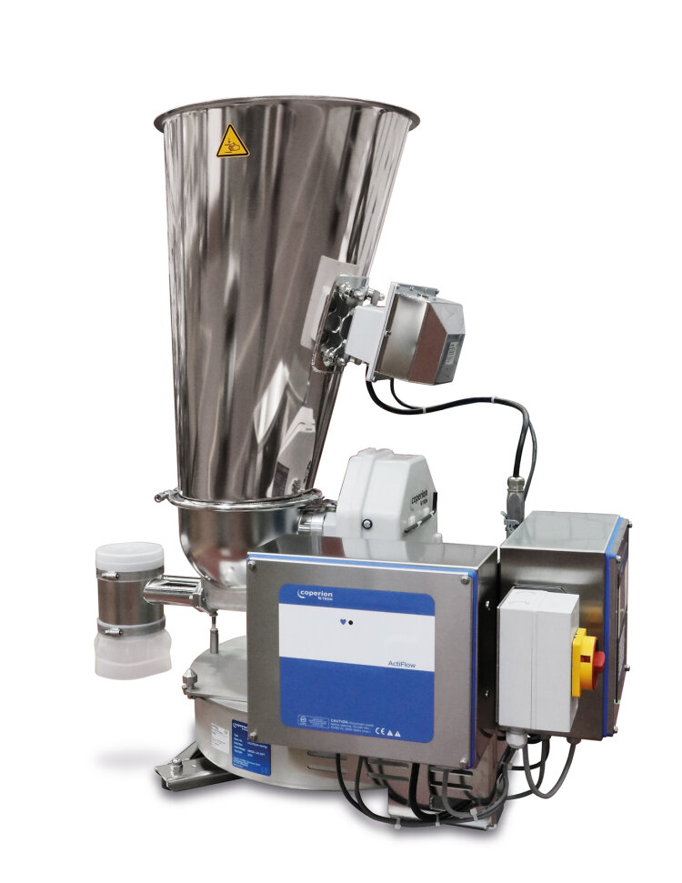 Hall 14 | Booth B19 - Coperion K-Tron T35 twin screw feeder shown here with ActiFlow bulk solid activator and KCM-III controller.